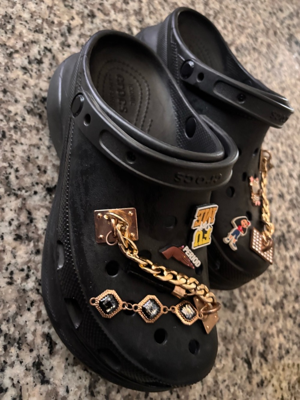 CROCS Black Classic Clog with Gold Chain and Enamel Charms